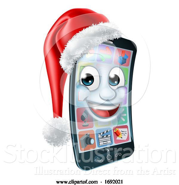 Vector Illustration of Christmas Cell Mobile Phone Mascot in Santa Hat