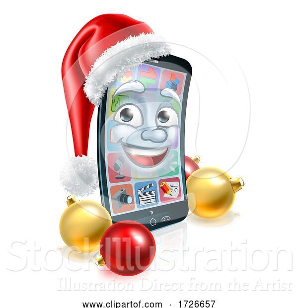 Vector Illustration of Christmas Cell Mobile Phone Mascot in Santa Hat