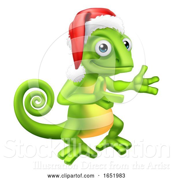 Vector Illustration of Christmas Chameleon in Santa Hat Pointing