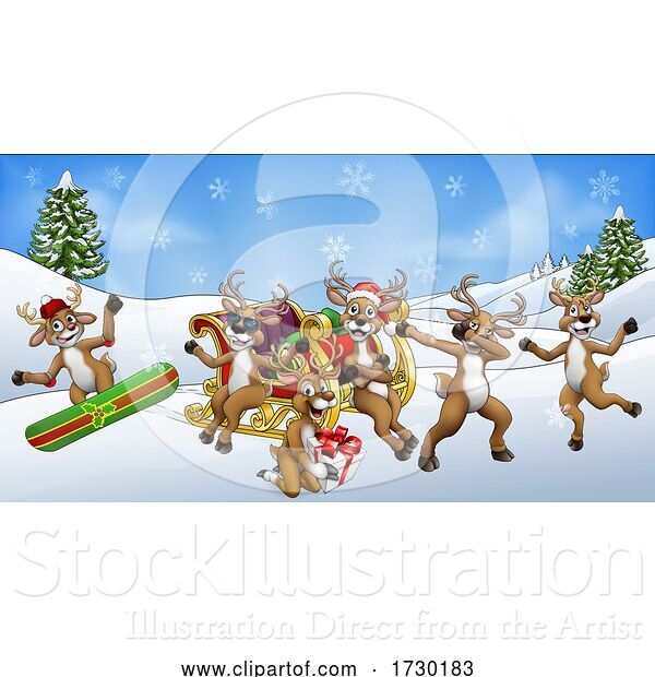 Vector Illustration of Christmas Fun Scene Santa Claus Sled Reindeer