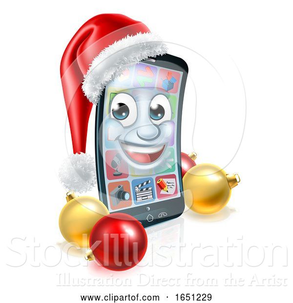 Vector Illustration of Christmas Mobile Cell Phone Mascot in Santa Hat