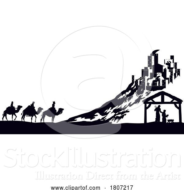 Vector Illustration of Christmas Nativity Scene Bethlehem Manger Wise Men