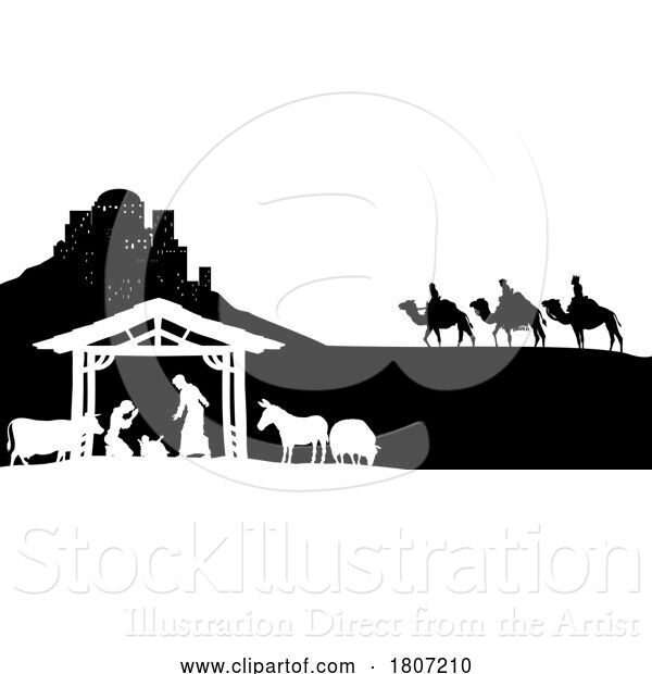 Vector Illustration of Christmas Nativity Scene Bethlehem Manger Wise Men