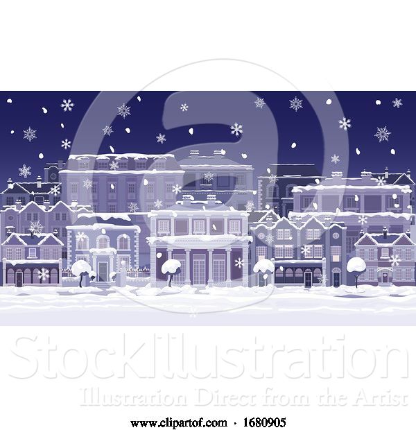 Vector Illustration of Christmas Night Snow Houses and Shops Street Scene