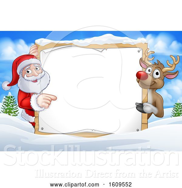 Vector Illustration of Christmas Santa Claus and Reindeer with a Blank Sign in a Winter Landscape