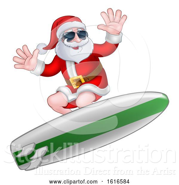 Vector Illustration of Christmas Santa Claus Surfing and Wearing Sunglasses