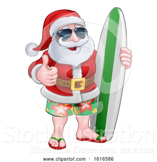 Vector Illustration of Christmas Santa Claus Wearing Sunglasses and Holding a Surf Board