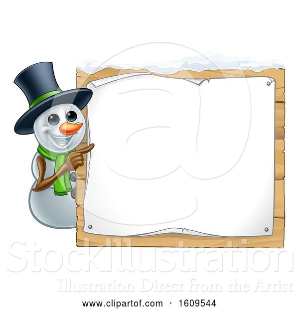 Vector Illustration of Christmas Snowman Wearing a Scarf and a Top Hat by a Blank Sign