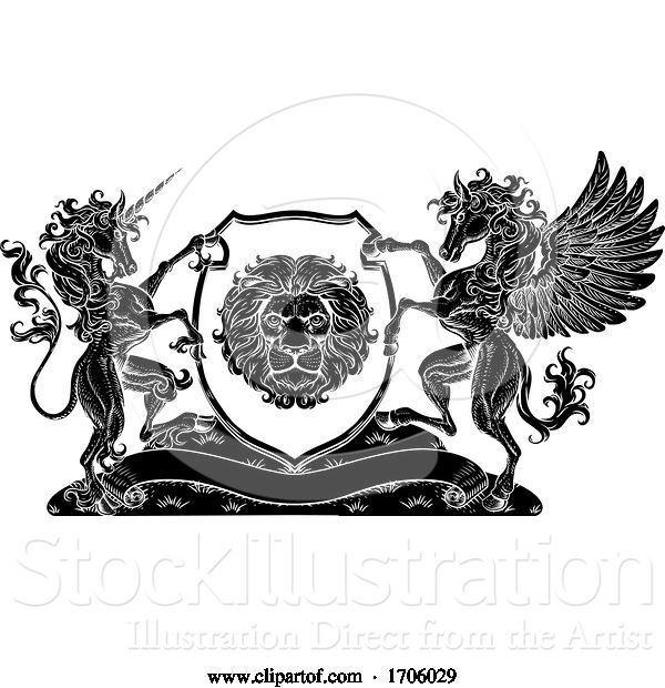 Vector Illustration of Coat of Arms Crest Pegasus Unicorn Lion Shield