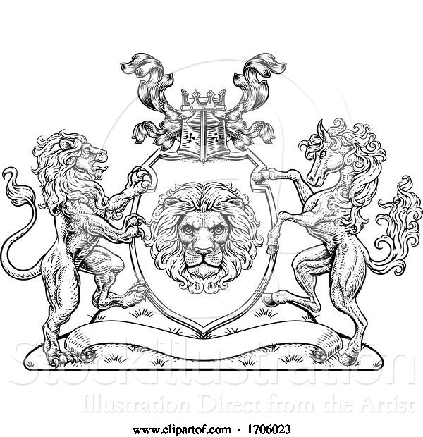 Vector Illustration of Coat of Arms Horse Lions Crest Shield Family Seal