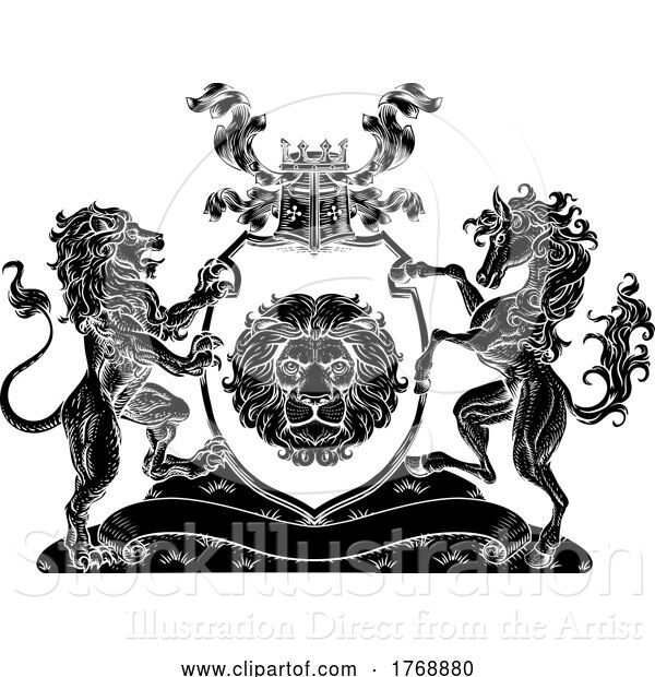 Vector Illustration of Coat of Arms Horse Lions Crest Shield Family Seal