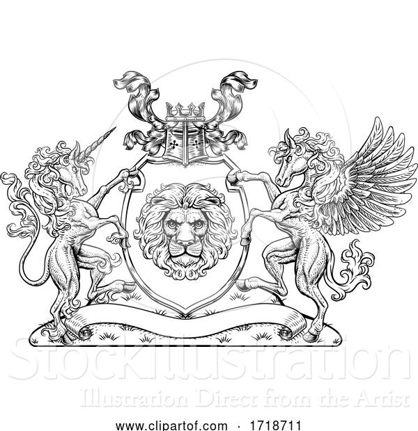 Vector Illustration of Coat of Arms Pegasus Unicorn Crest Lion Shield