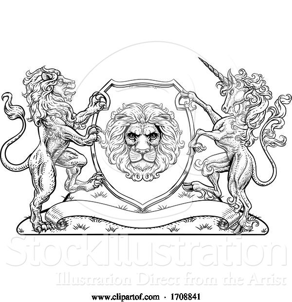 Vector Illustration of Coat of Arms Unicorn Lion Crest Shield Family Seal