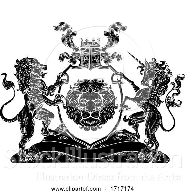 Vector Illustration of Coat of Arms Unicorn Lion Crest Shield Family Seal