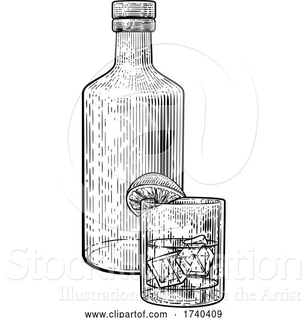 Vector Illustration of Cocktail Bottle and Glass with Ice Vintage Woodcut
