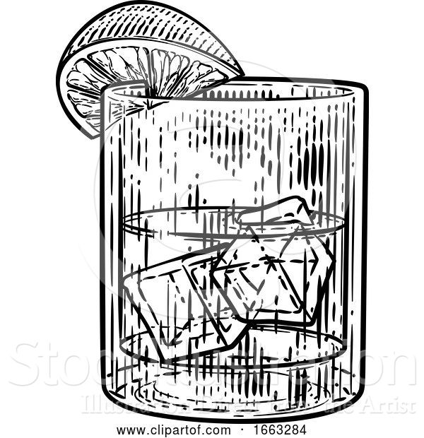 Vector Illustration of Cocktail Drink in Glass with Ice and Lemon or Lime