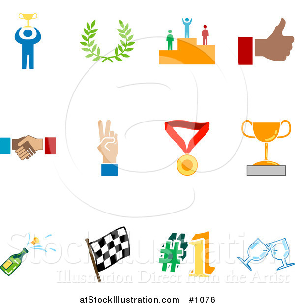 Vector Illustration of Colorful Champion, Laurel, Winner, Thumbs Up, Handshake, Peace Gesture, Medal, Trophy, Champagne, Flag, Number 1 and Toasting Wine Glasses Sports Icons on a White Background