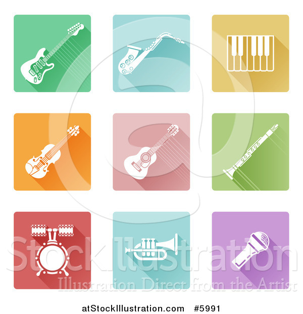 Vector Illustration of Colorful Flat Design Square Music Instrument Icons