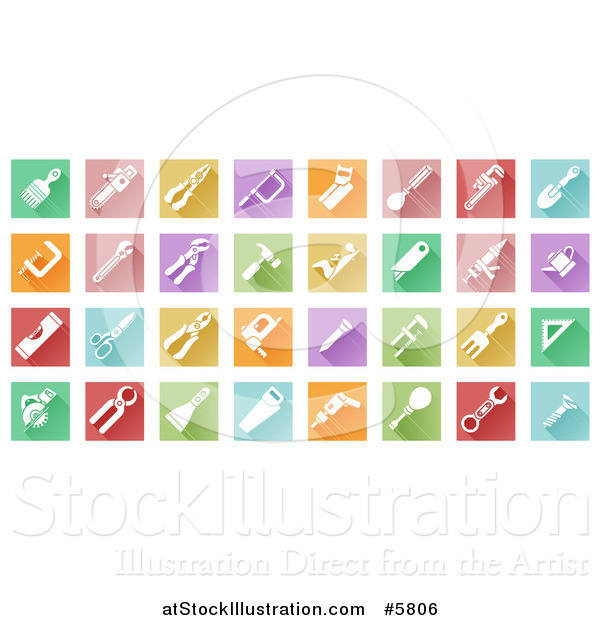 Vector Illustration of Colorful Flat Design Square Tiles with White Tool Icons