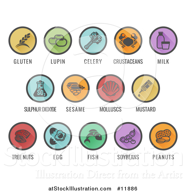 Vector Illustration of Colorful Round Allergy Icons with Text