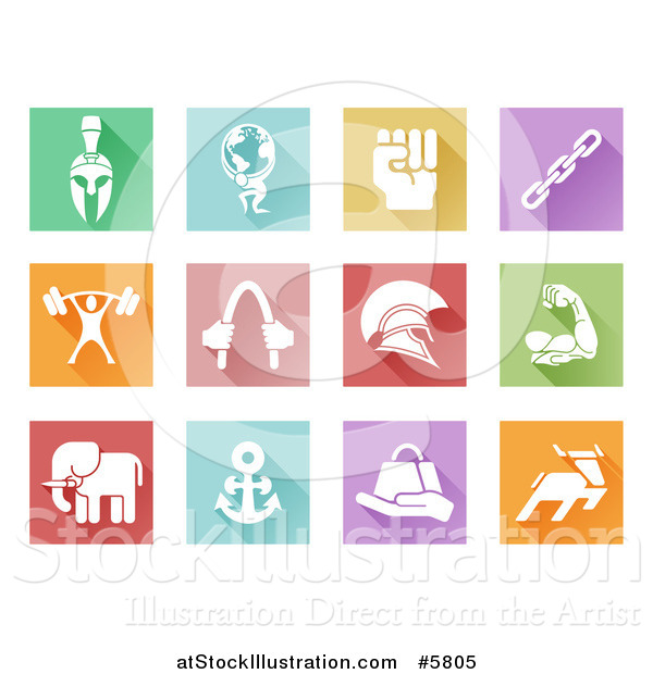 Vector Illustration of Colorful Square Flat Design Tiles with White Sports and Strength Icons