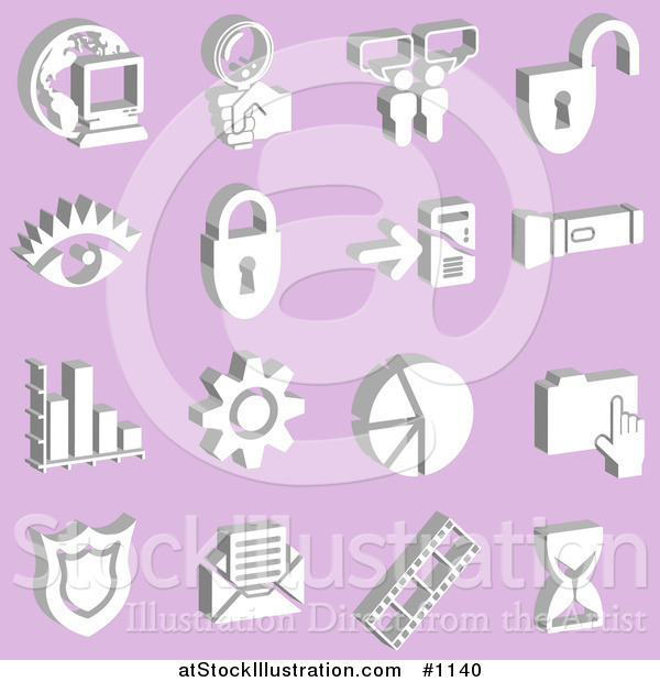 Vector Illustration of Computer, Globe, Magnifying Glass, Messenger, Padlock, Eye, Mp3 Player, Flashlight, Graph, Cog, Pie Chart, Folder, Badge, Envelope, Film Strip and Hourglass over a Purple Background