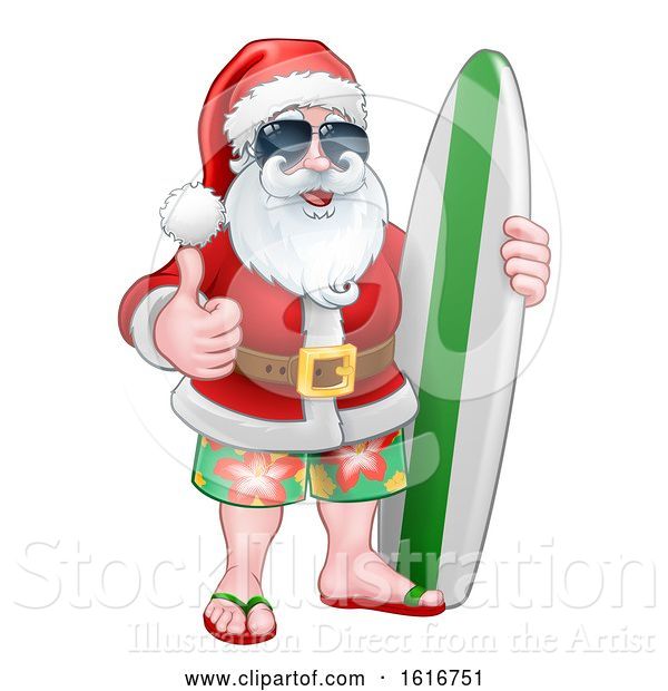 Vector Illustration of Cool Santa with Surfboard and Shades