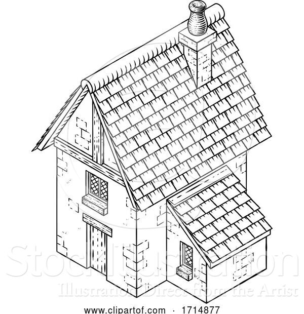 Vector Illustration of Cottage House Vintage Woodcut Building Map Icon