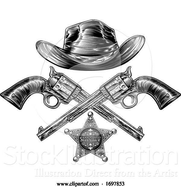 Vector Illustration of Cowboy Hat with Sheriff Star with Crossed Pistols