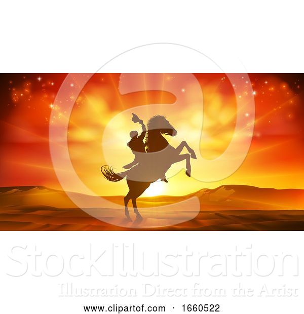 Vector Illustration of Cowboy Riding Horse Silhouette Sunset Background