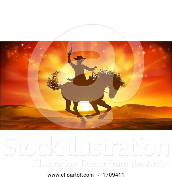 Vector Illustration of Cowboy Riding Horse Silhouette Sunset Background