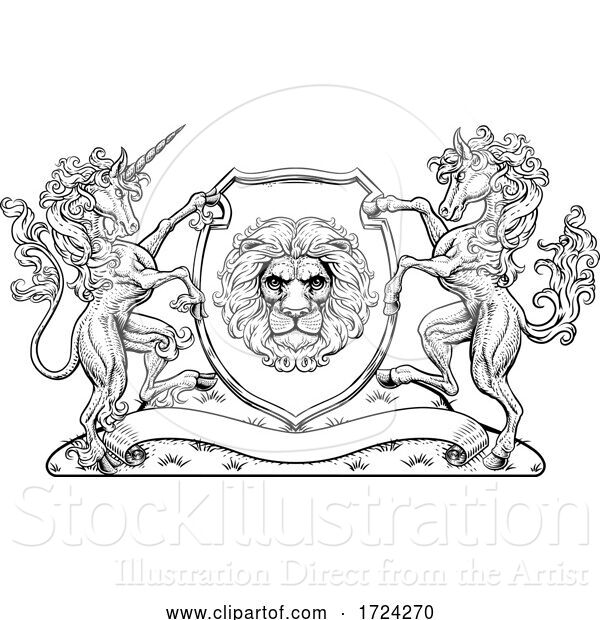 Vector Illustration of Crest Coat of Arms Horse Unicorn Lion Shield Seal
