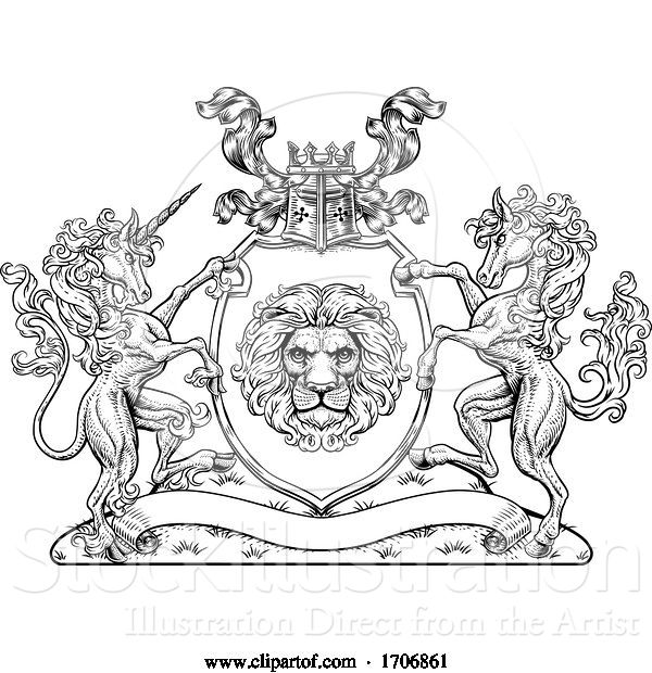 Vector Illustration of Crest Horse Unicorn Coat of Arms Lion Shield Seal