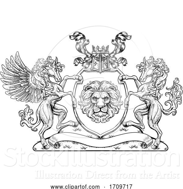 Vector Illustration of Crest Pegasus Horse Coat of Arms Lion Shield Seal