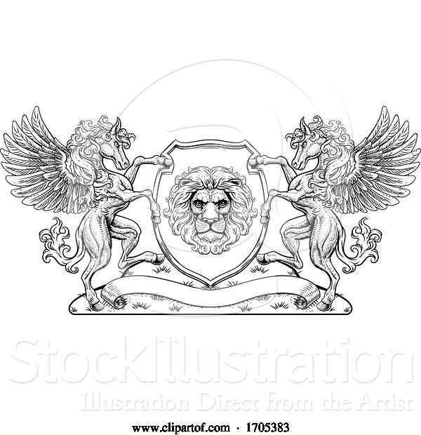 Vector Illustration of Crest Pegasus Horses Coat of Arms Lion Shield Seal