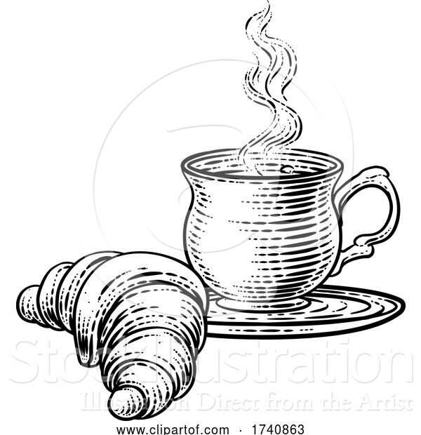 Vector Illustration of Croissant and Coffee Tea Cup Mug Woodcut