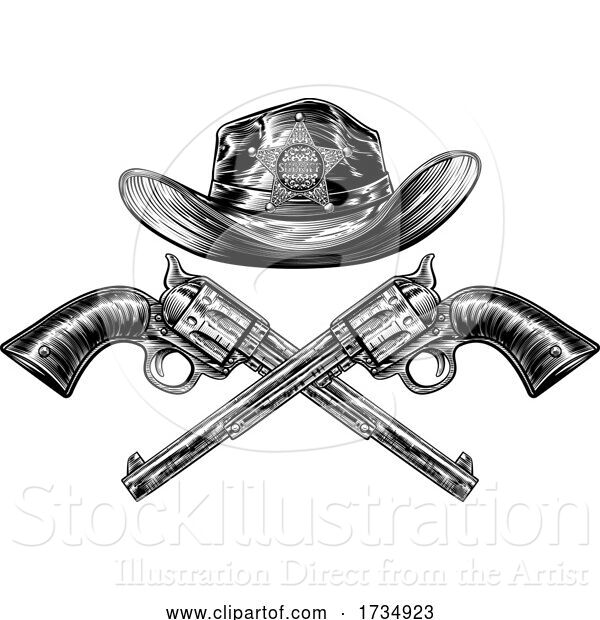 Vector Illustration of Crossed Hand Guns and Sheriff Star Cowboy Hat
