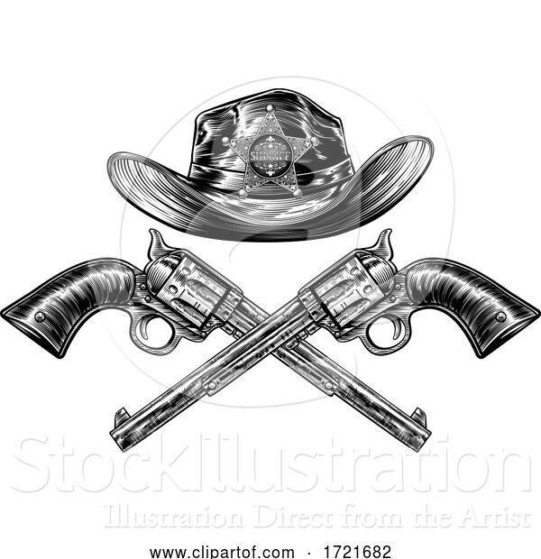 Vector Illustration of Crossed Pistols and Sheriff Star Cowboy Hat