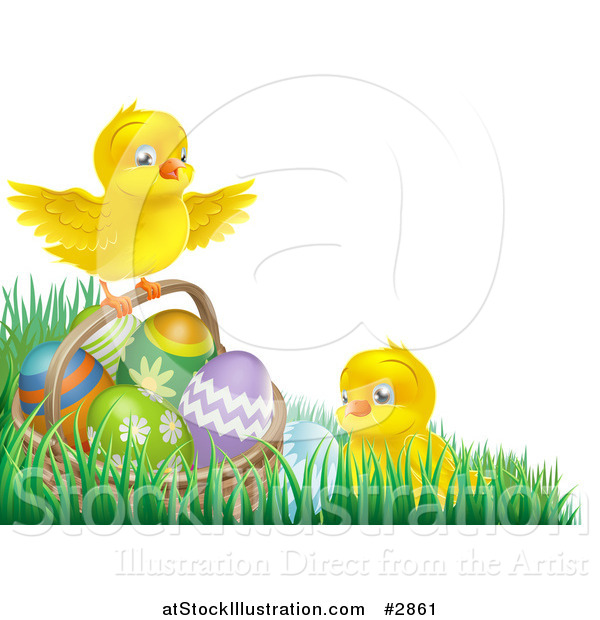 Vector Illustration of Cute Easter Chicks with a Basket and Eggs in Grass