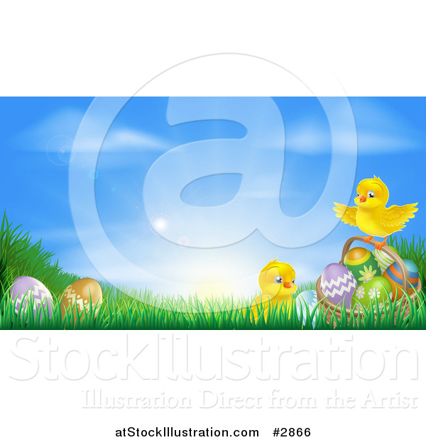 Vector Illustration of Cute Easter Chicks with Eggs in Grass Against a Sunrise