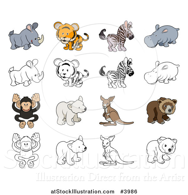 Vector Illustration of Cute Wild Animals in Color and Black and White