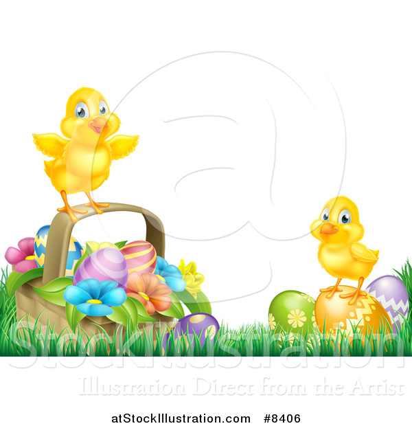 Vector Illustration of Cute Yellow Chicks on Easter Eggs and a Basket in the Grass, over White Text Space