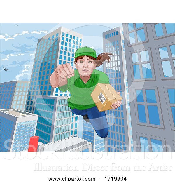 Vector Illustration of Delivery Courier Superhero Flying Super Hero