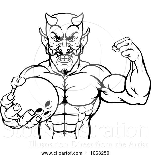 Vector Illustration of Devil Bowling Sports Mascot Holding Ball