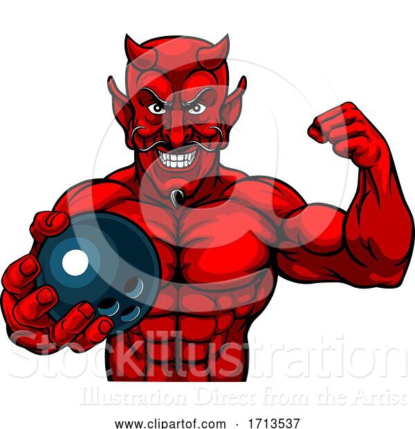 Vector Illustration of Devil Bowling Sports Mascot Holding Ball