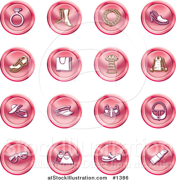 Vector Illustration of Diamond Ring, Boots, Necklace, Shoes, Purses, Dress, Jacket, Hats, Sunglasses and Lipstick