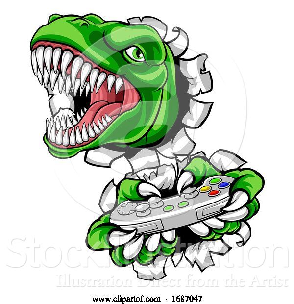 Vector Illustration of Dinosaur Gamer Video Game Controller Mascot