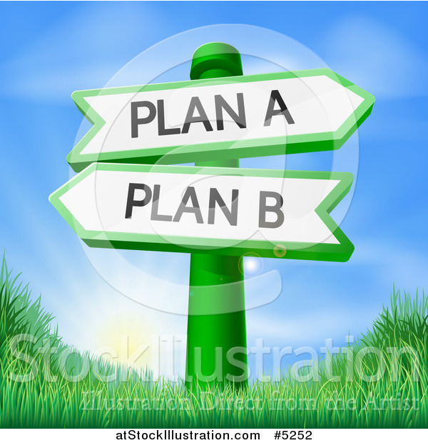 Vector Illustration of Directional Plan a and B Signs over a Sunrise and Grassy Hill