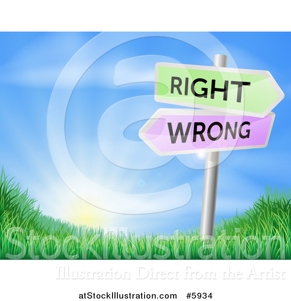 Vector Illustration of Directional Wrong and Right Arrow Signs over a Sunrise and Grassy Hill