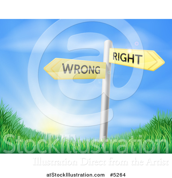 Vector Illustration of Directional Wrong and Right Signs over a Sunrise and Grassy Hill